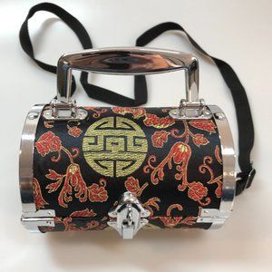 EUC Vintage Chinese Print Fabric Covered Metal Canister/Barrel Bag